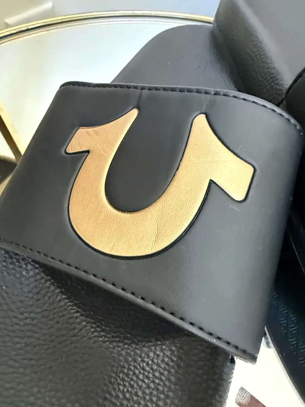 True Religion Black Slide Sandals Matte Gold Horseshoe Logo Size 43